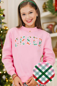 Girls: Best Present Pink Plaid Cheer Sweatshirt