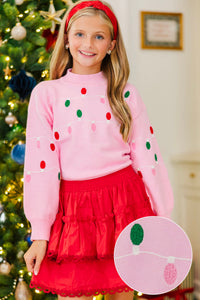 Girls: Christmas Cheers Blush String Lights Sweater