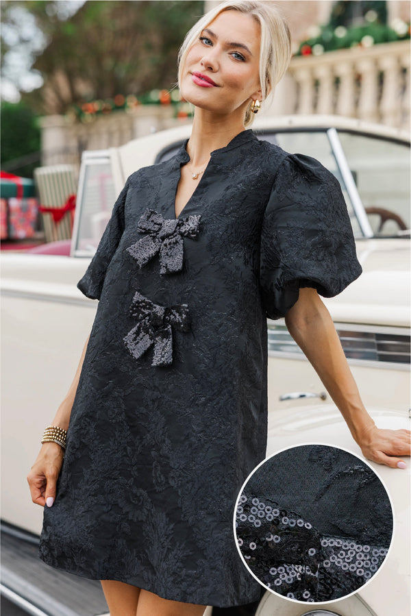 Ever After Hours Black Brocade Bow Shift Dress