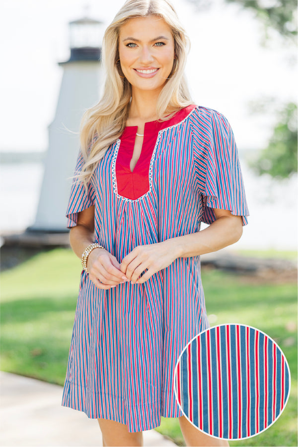 striped cotton dress MILLE Garden in Sailing Stripe this short Entro Navy Striped Cotton Button