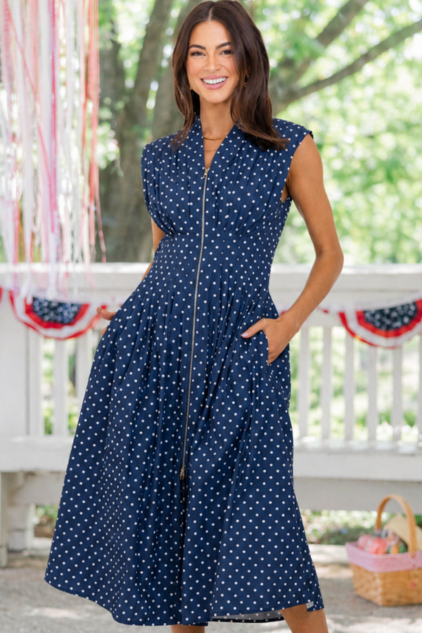 PREORDER: What A Classic Navy Polka Dot Midi Dress Shop the Mint PREORDER: What A Classic Navy Polka Dot Midi Dress Shop the Mint