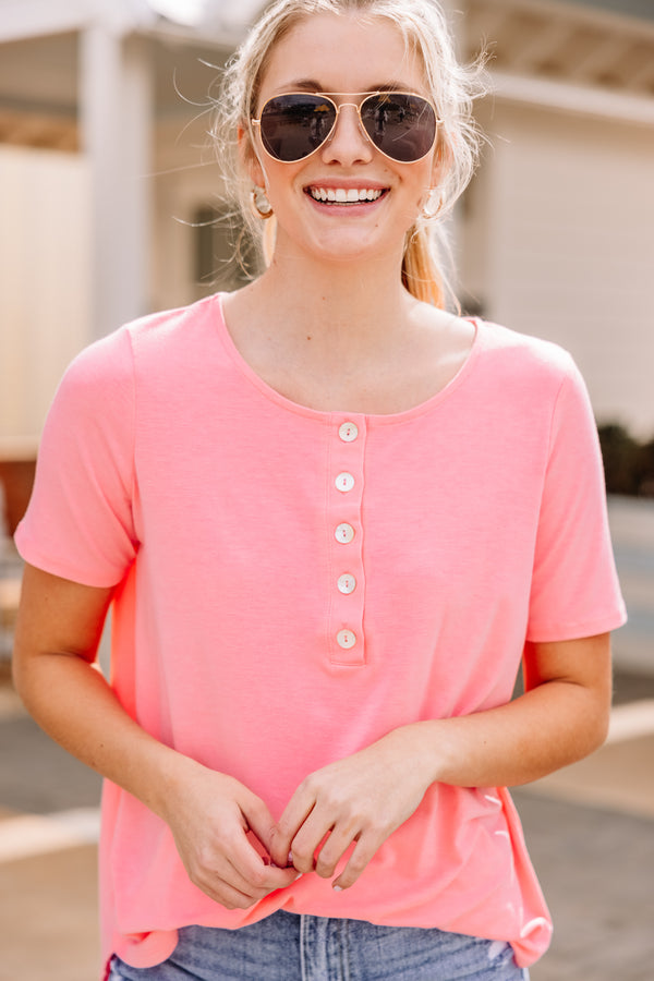 Out and About Bright Pink Short Sleeve Henley Top