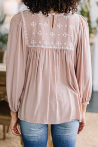 Show Your Joy Natural Brown Embroidered Top