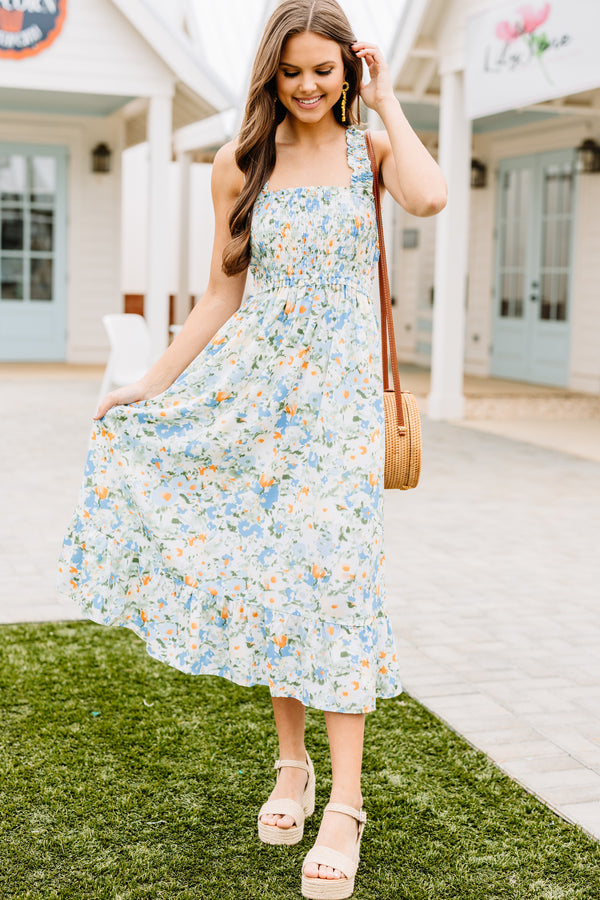 smocked floral midi dress