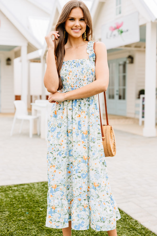 smocked floral midi dress