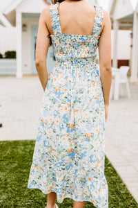 smocked floral midi dress