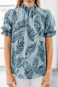 palm print blue blouse