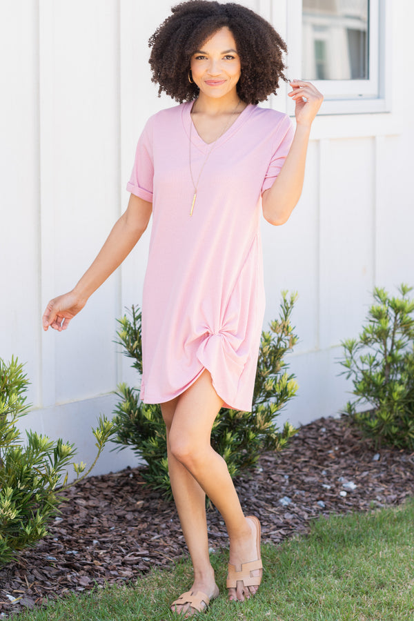 Off To A Good Start Dusty Pink Ribbed T-shirt Dress