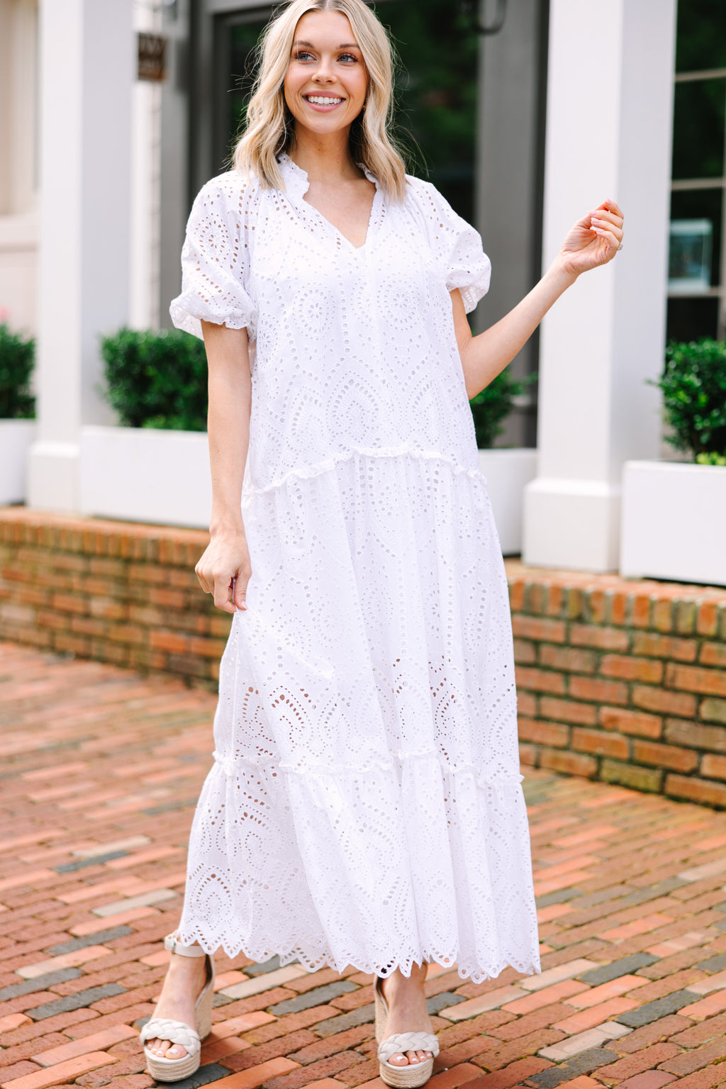 Adorable White Eyelet Midi Dress Feminine Midi Dresses – Shop