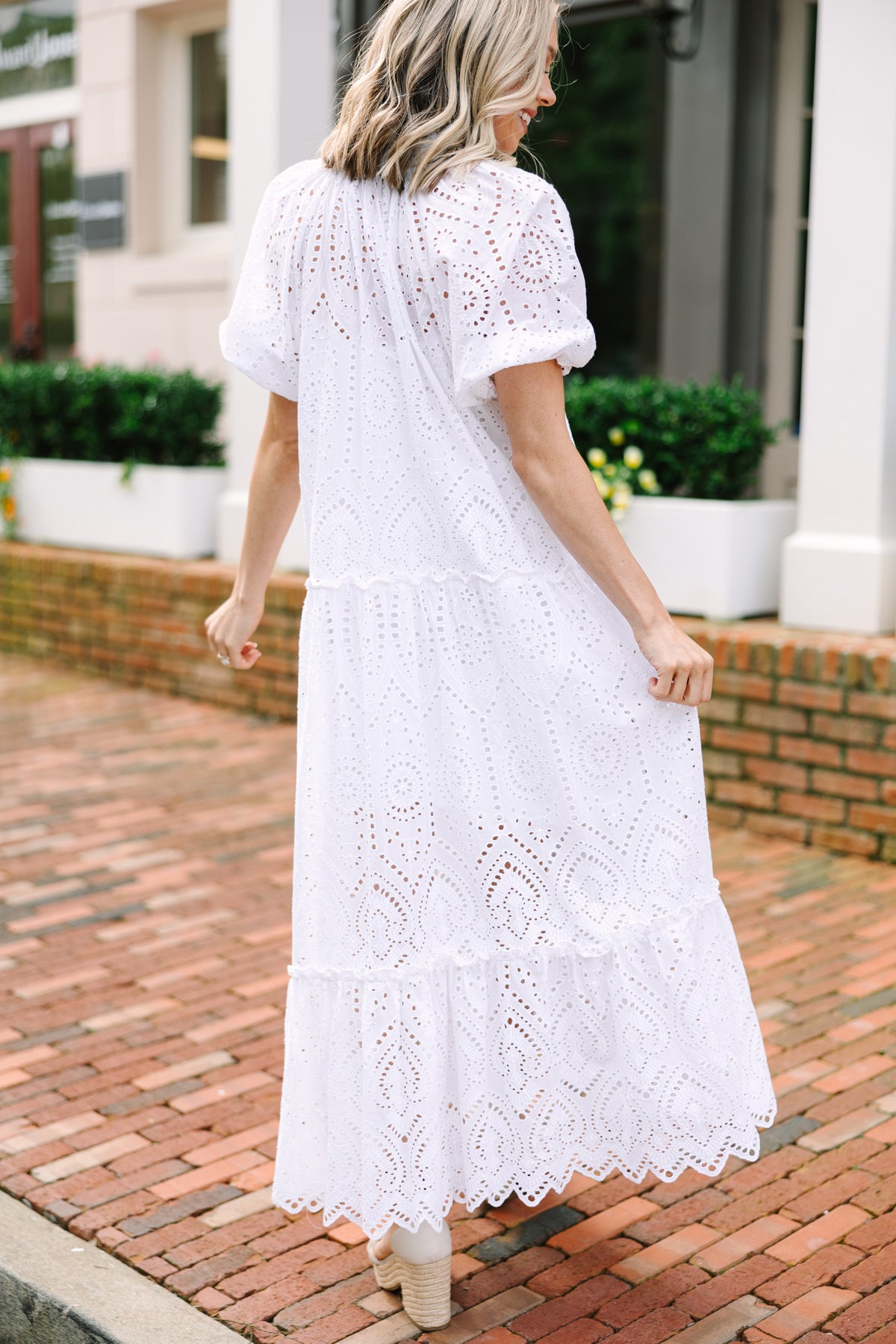 ethical white midi dress Adorable Eyelet 20 + Elegant Black ruffled neckline CD-14259-WHITE Length:High Low