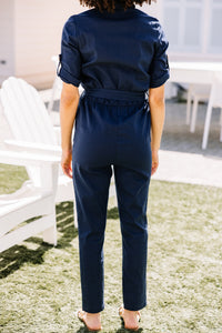 Inner Trendsetter Navy Blue Linen Jumpsuit