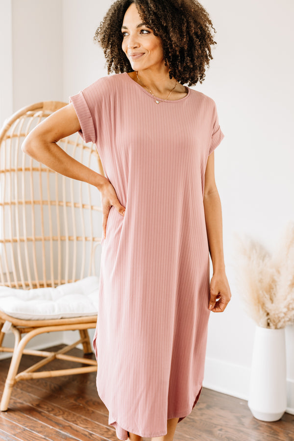 Cute Mauve Pink Ribbed Midi Dress - Casual Comfy Midi – Shop the Mint