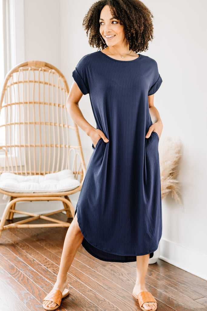 It's All Here Navy Blue Ribbed Midi Dress – Shop The Mint