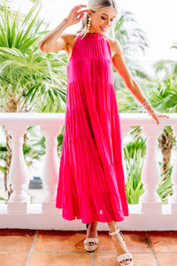 bright pink midi dress, tiered midi dress, trendy midi dresses for women, boutique midi dresses