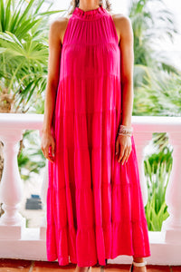 bright pink midi dress, tiered midi dress, trendy midi dresses for women, boutique midi dresses