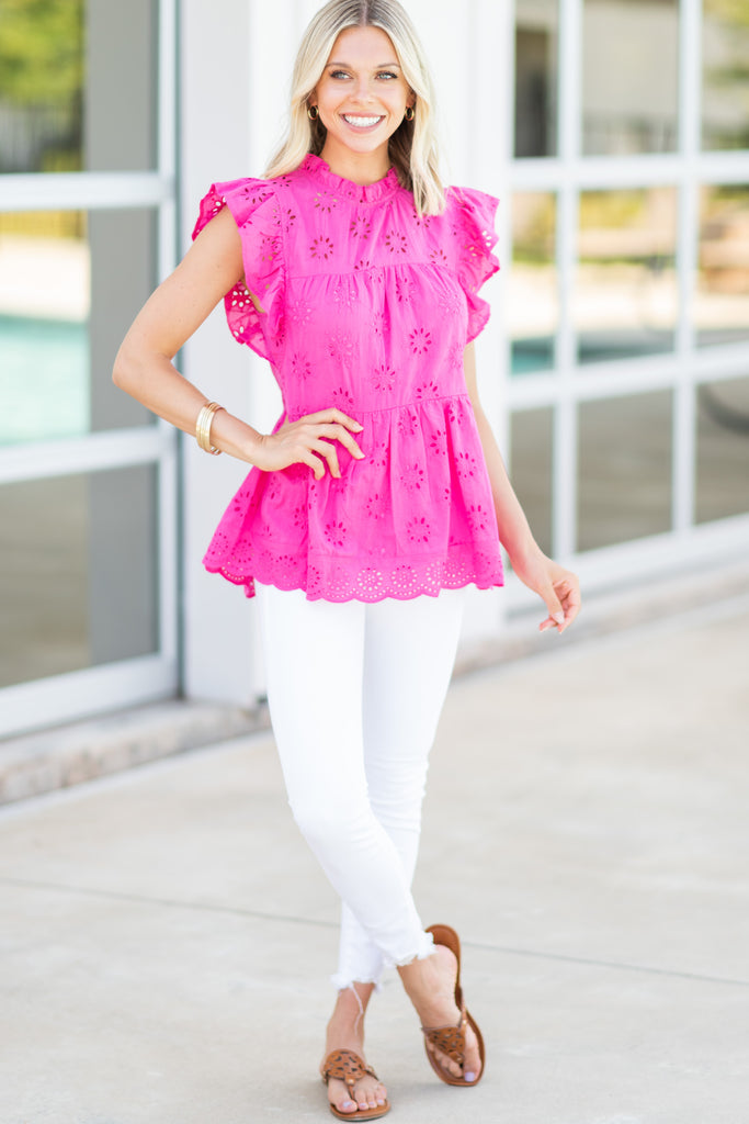 Preppy Hot Pink Eyelet Blouse - Cute Tops – Shop the Mint