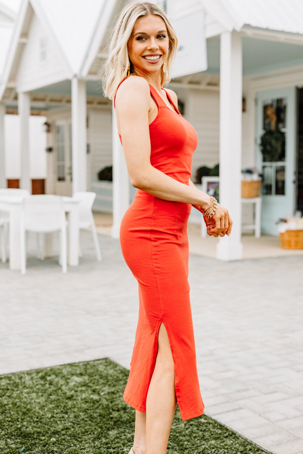 orange ribbed midi dress