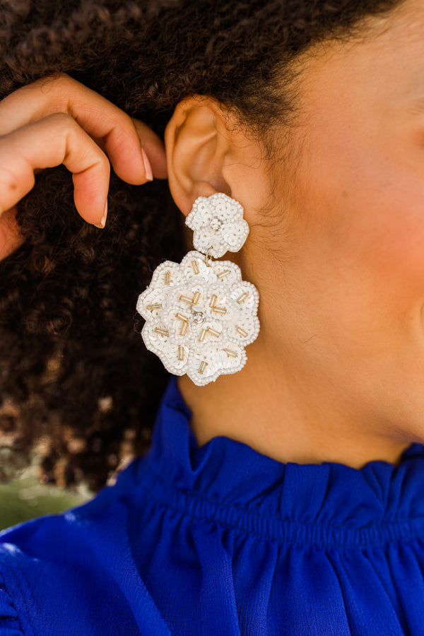 beaded white floral earrings