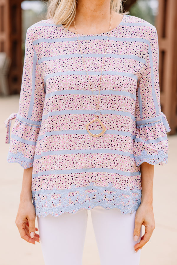 Love Being You Taupe Blue Spotted Blouse