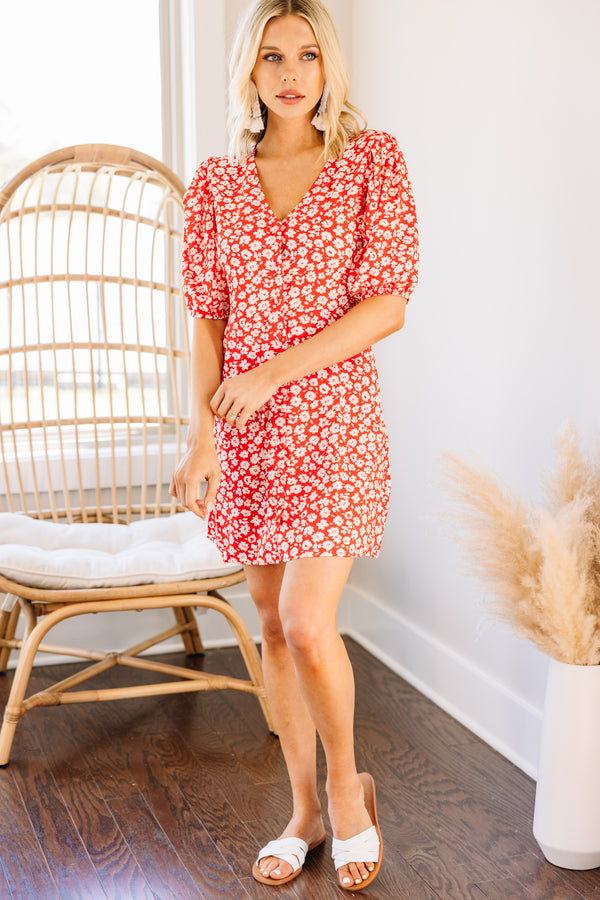 red ditsy floral dress