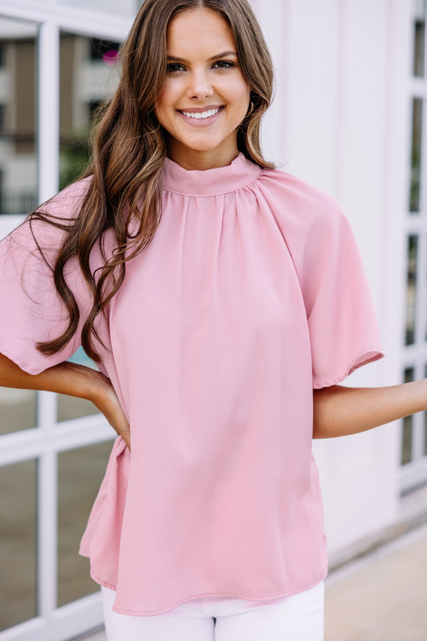 Tell Your Truth Blush Pink Mock Neck Blouse