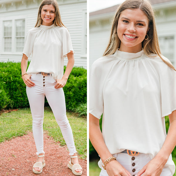 Tell Your Truth White Mock Neck Blouse