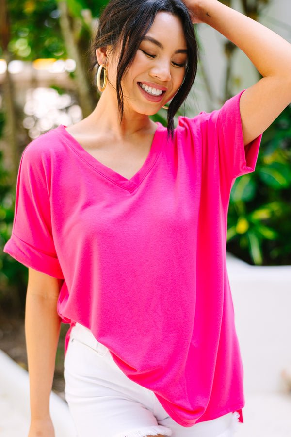 Make Your Life Easy Fuchsia Pink V-Neck Top, Large - The Mint Julep Boutique | Women's Boutique Clothing