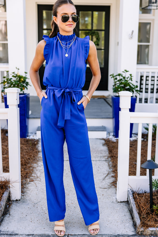 Put It To The Test Royal Blue Ruffle Jumpsuit