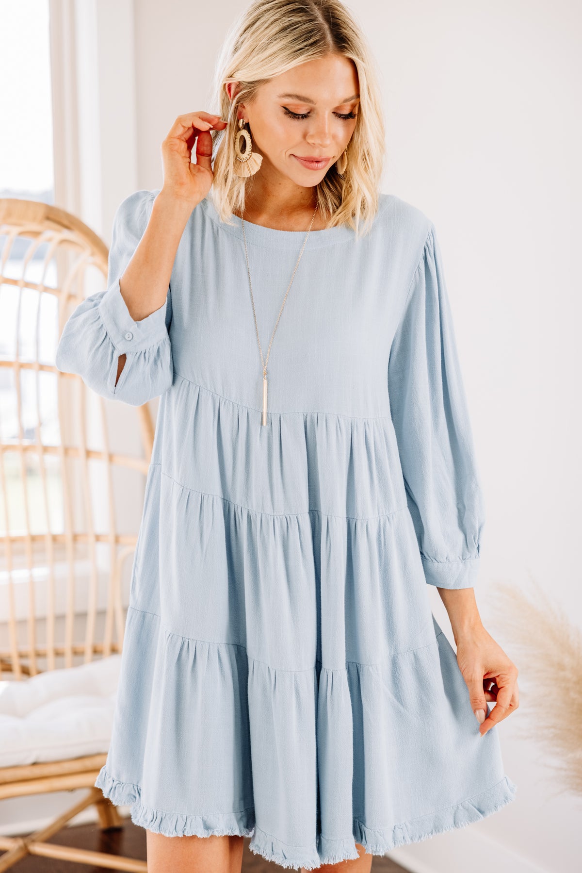 Pretty Sky Blue Tiered Linen Dress - Feminine Boutique Dresses – Shop ...