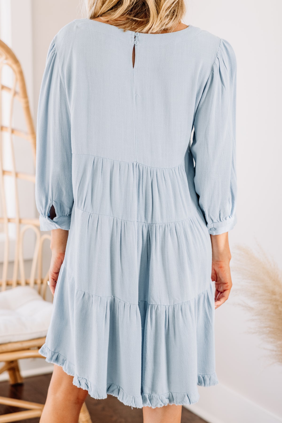 Pretty Sky Blue Tiered Linen Dress - Feminine Boutique Dresses – Shop ...