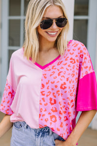 pink colorblock leopard top