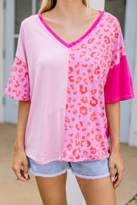 pink colorblock leopard top