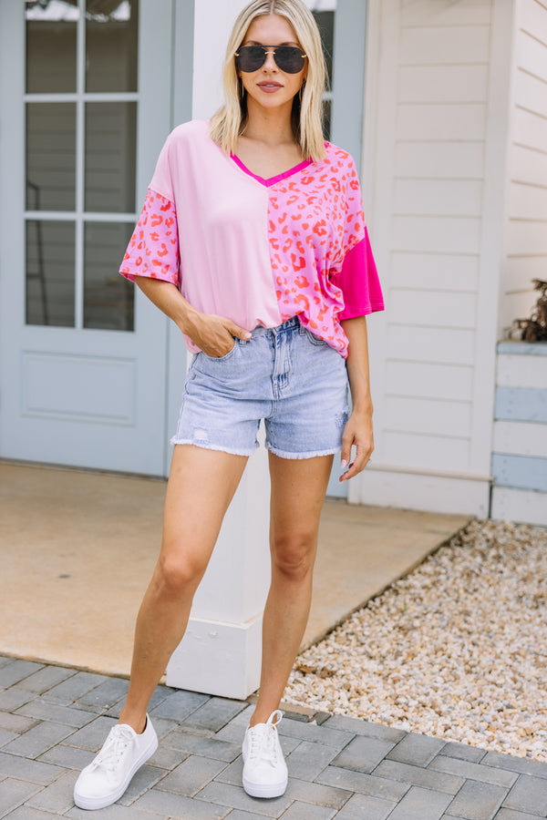 pink colorblock leopard top