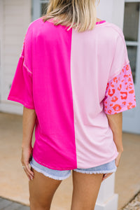 pink colorblock leopard top