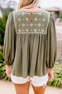 Show Your Joy Olive Green Embroidered Top