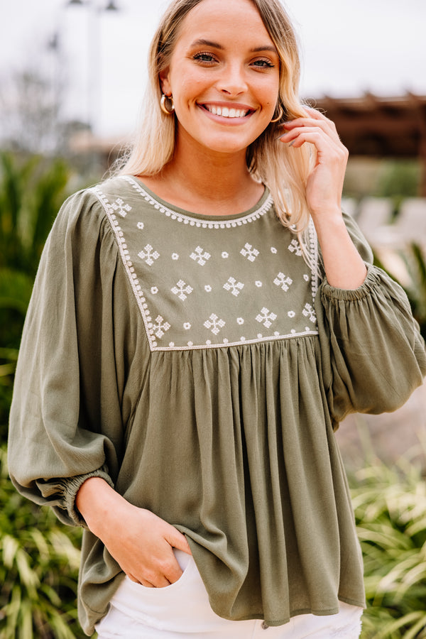 Show Your Joy Olive Green Embroidered Top
