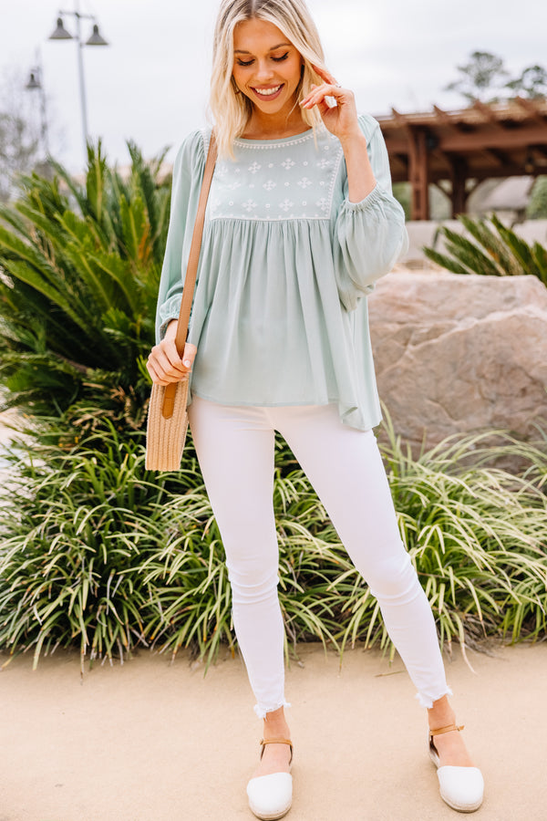 Show Your Joy Sage Green Embroidered Top