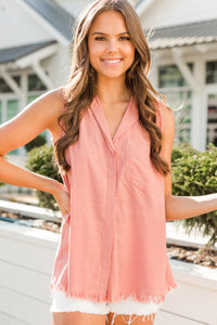 See You Tonight Rose Pink Linen Button Down Tank