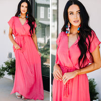 All For Fun Coral Pink Ruffled Maxi Dress