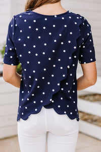 On Your Own Path Navy Blue Polka Dot Blouse