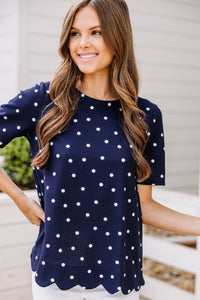 On Your Own Path Navy Blue Polka Dot Blouse
