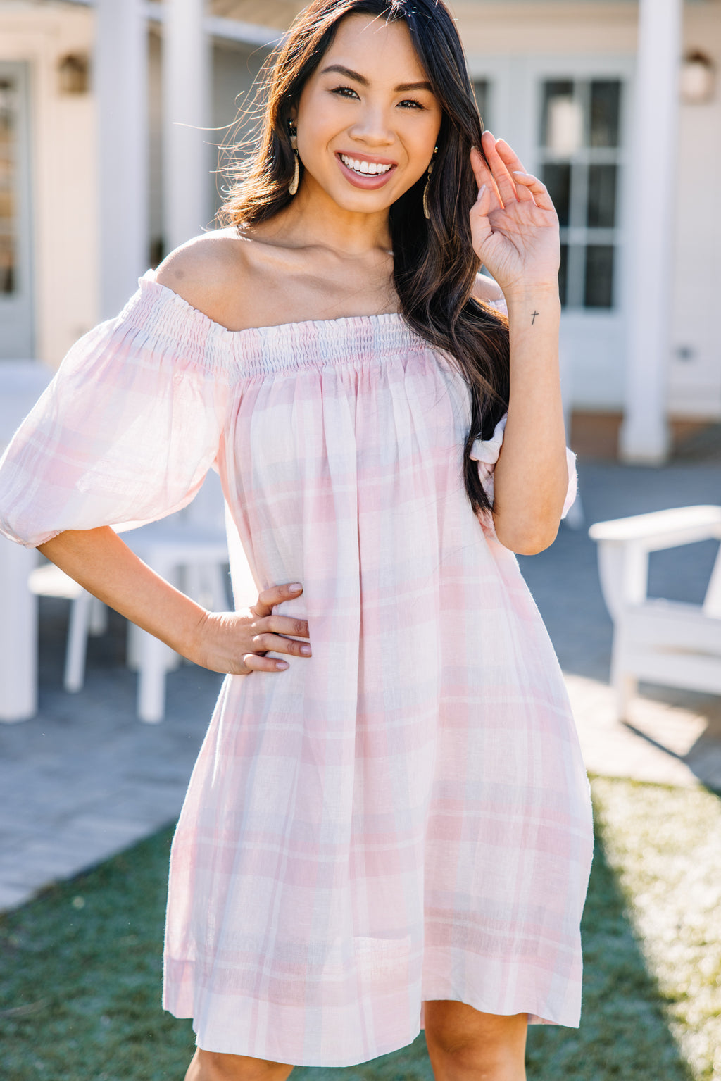 Feminine Pink Plaid Babydoll Dress