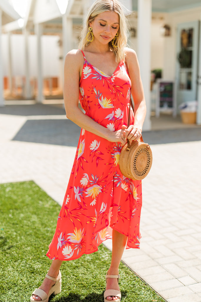 Bold Coral Red Floral Midi Dress - Chic Dresses – Shop the Mint