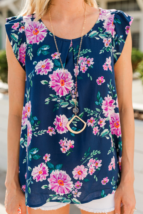 blue floral cap sleeve top