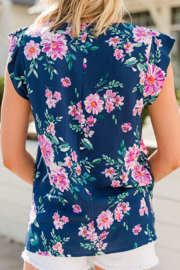 blue floral cap sleeve top