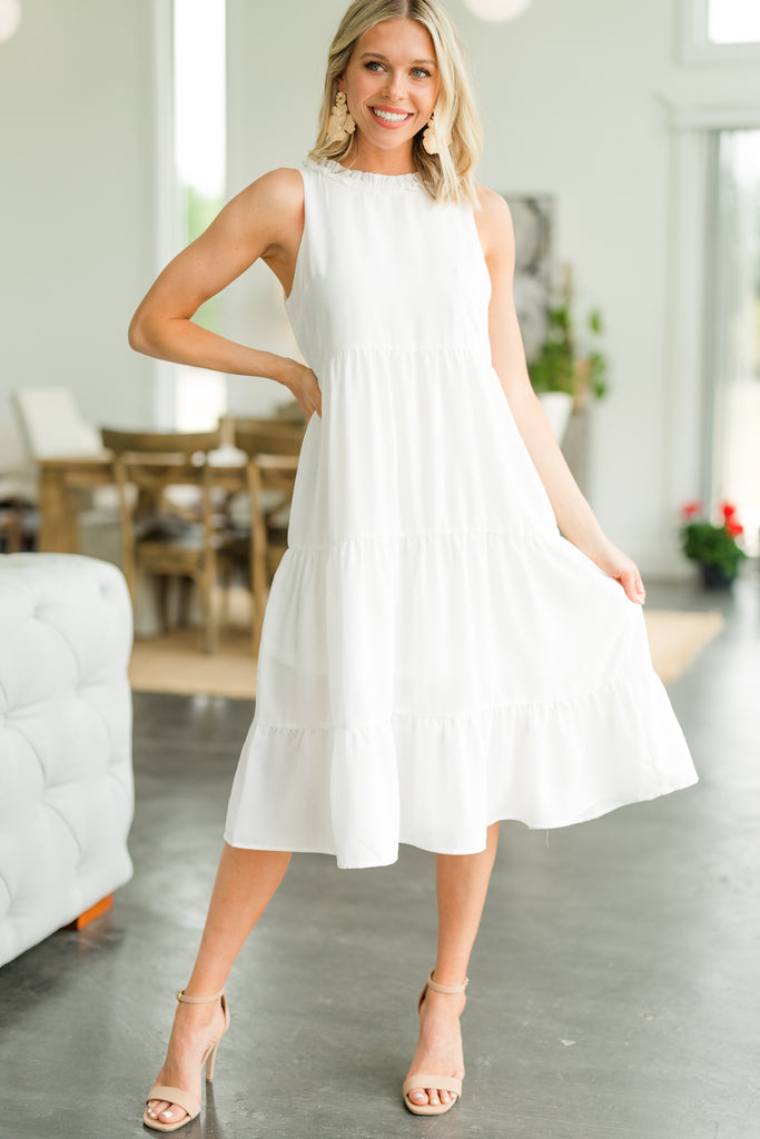 Feminine White Ruffled Midi Dress - Trendy Midi Dresses – Shop The Mint