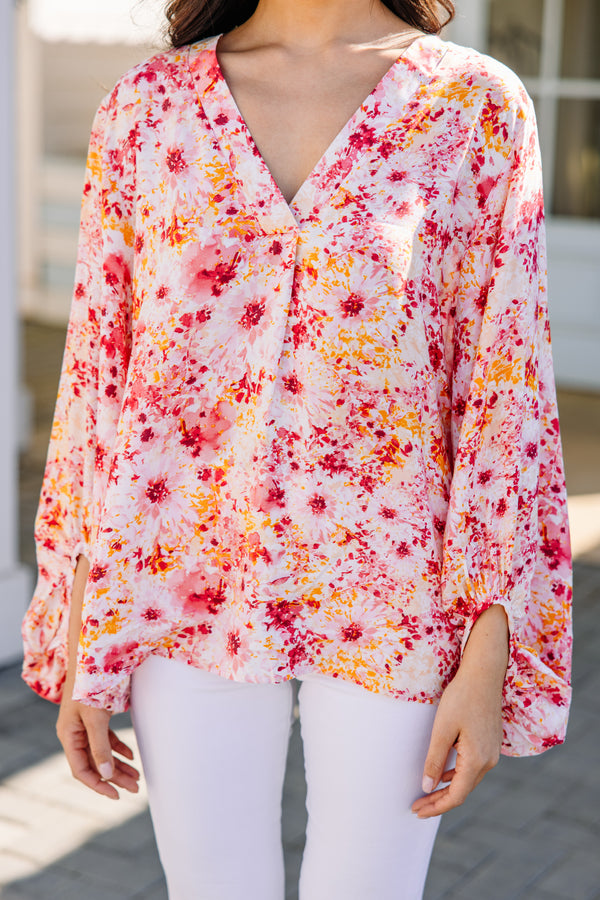Feminine Coral Pink Ditsy Floral Blouse - Trendy Blouses for Women ...