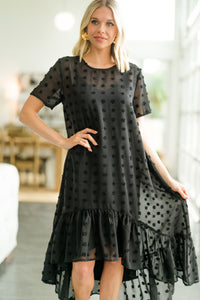 black swiss dot midi dress