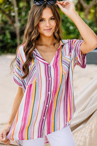 pink striped button down top