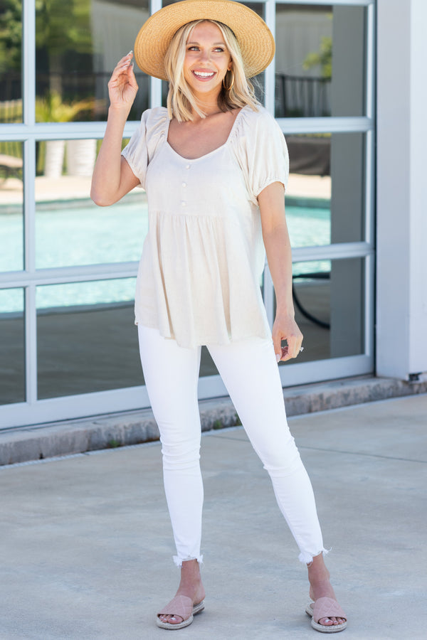 Great Days Ahead Oatmeal White Linen Top